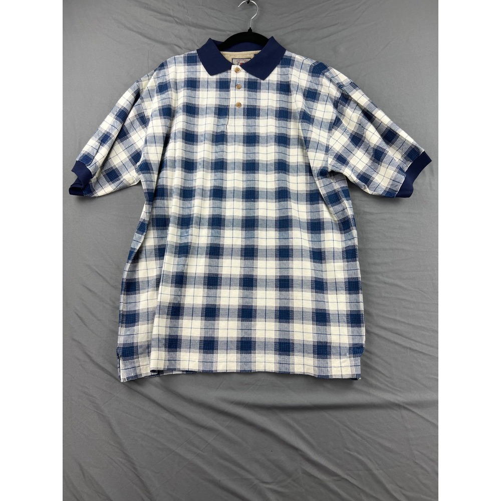 Halifax Outfitters Mens Blue White Plaid Cotton Polo Shirt Size M Herringbone